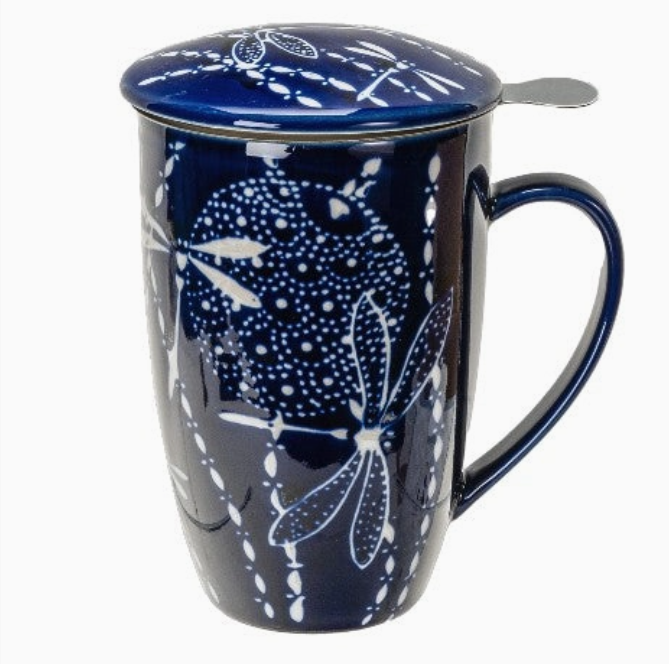 Dragonfly Design 15oz Tea Mugs with Lid and Infuser For Loose Leaf Tea