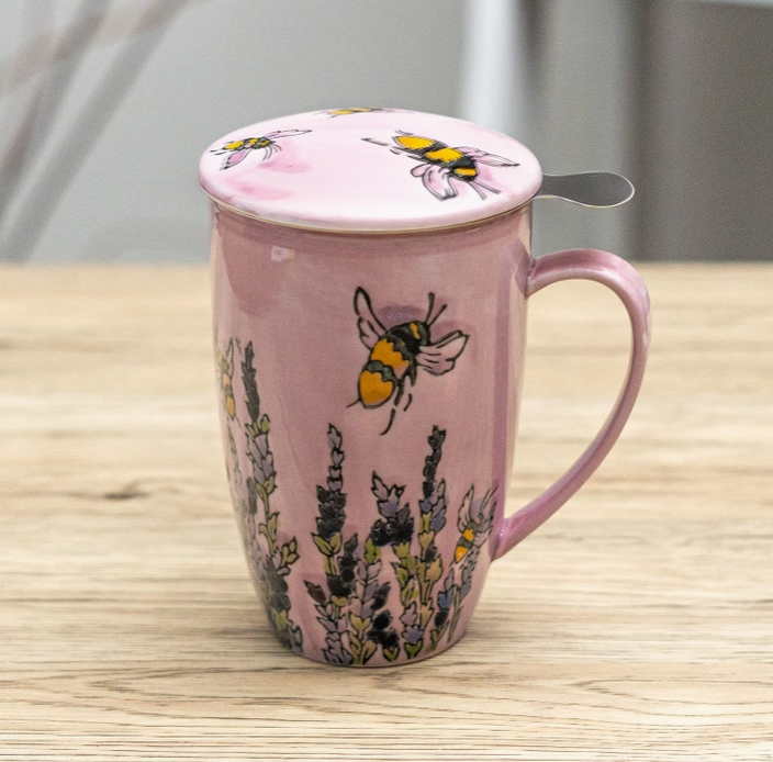Spring Honeybee Design 15oz Tea Mugs with Lid and Infuser For Loose Leaf Tea