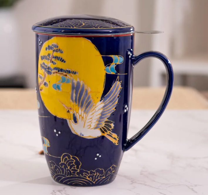 Japanese Crane Design 15oz Tea Mugs with Lid and Infuser