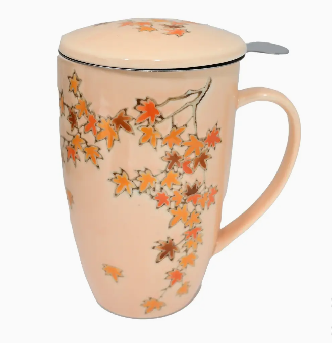 Momiji Maple Leaves Design 15oz Tea Mugs with Lid and Infuser For Loose Leaf Tea