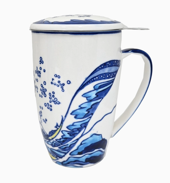 Great Wave Design 15oz Tea Mugs with Lid and Infuser For Loose Leaf Tea