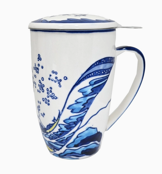 Great Wave Design 15oz Tea Mugs with Lid and Infuser For Loose Leaf Tea