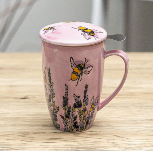 Spring Honeybee Design 15oz Tea Mugs with Lid and Infuser For Loose Leaf Tea
