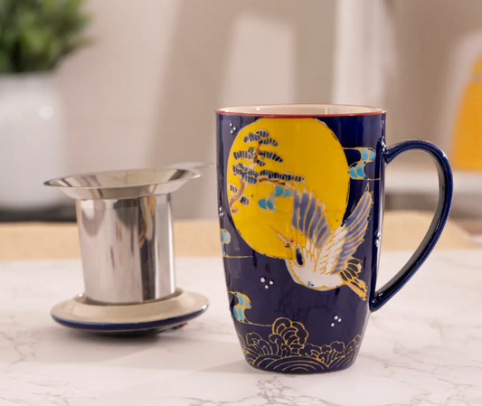 Japanese Crane Design 15oz Tea Mugs with Lid and Infuser