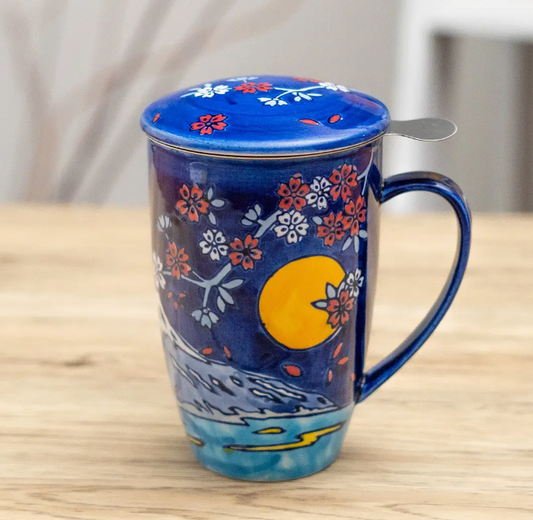 Fuji Mountain Design 15oz Tea Mugs with Lid and Infuser For Loose Leaf Tea